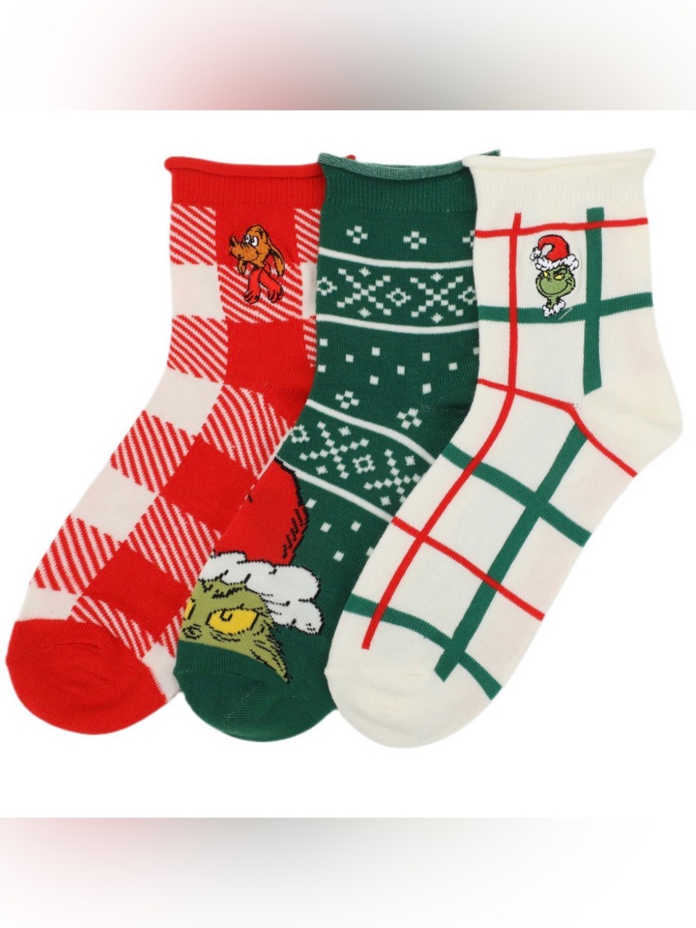 NWT Bioworld Dr Seuss The Grinch 3/4 ankle sock set of 3 sizes 5-10